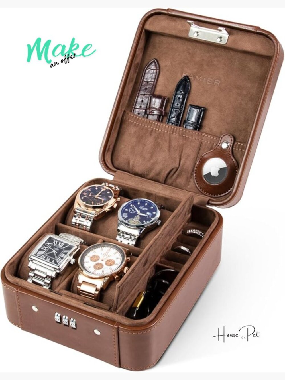 4-Slot Watch Travel Case with Combination Lock - PU Leather Jewelry Organizer